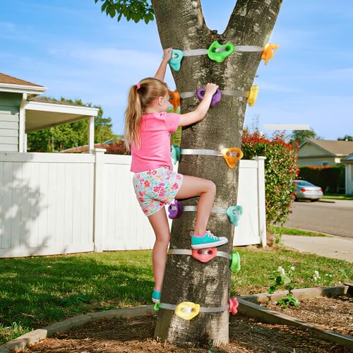 TOPNEW 12 Ninja Tree Climbing Holds for Kids Climber, Tree Climbing Kit with 6 Ratchet Straps for Outdoor Ninja Warrior Obstacle Course Training, Pastel Color - Image 4