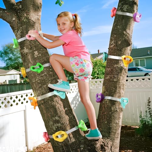 TOPNEW 12 Ninja Tree Climbing Holds for Kids Climber, Tree Climbing Kit with 6 Ratchet Straps for Outdoor Ninja Warrior Obstacle Course Training, Pastel Color - Image 5