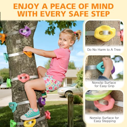 TOPNEW 12 Ninja Tree Climbing Holds for Kids Climber, Tree Climbing Kit with 6 Ratchet Straps for Outdoor Ninja Warrior Obstacle Course Training, Pastel Color - Image 3