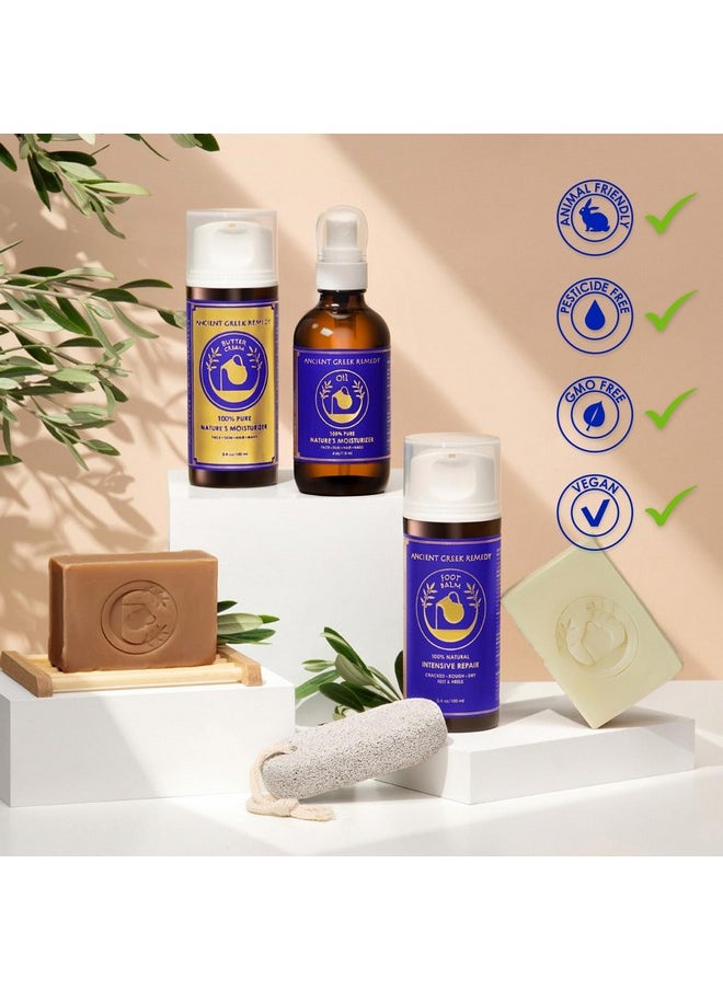 Ancient Greek Remedy - Organic Skin Care Gift Set, Spa Gifts for Women and Men - Lavender Scented Bath and Body Gift Basket with Body oil, Facial Cream, Foot Lotion and 2 Soap Bars with Soap Holder - Image 1