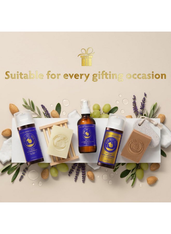 Ancient Greek Remedy - Organic Skin Care Gift Set, Spa Gifts for Women and Men - Lavender Scented Bath and Body Gift Basket with Body oil, Facial Cream, Foot Lotion and 2 Soap Bars with Soap Holder - Image 1