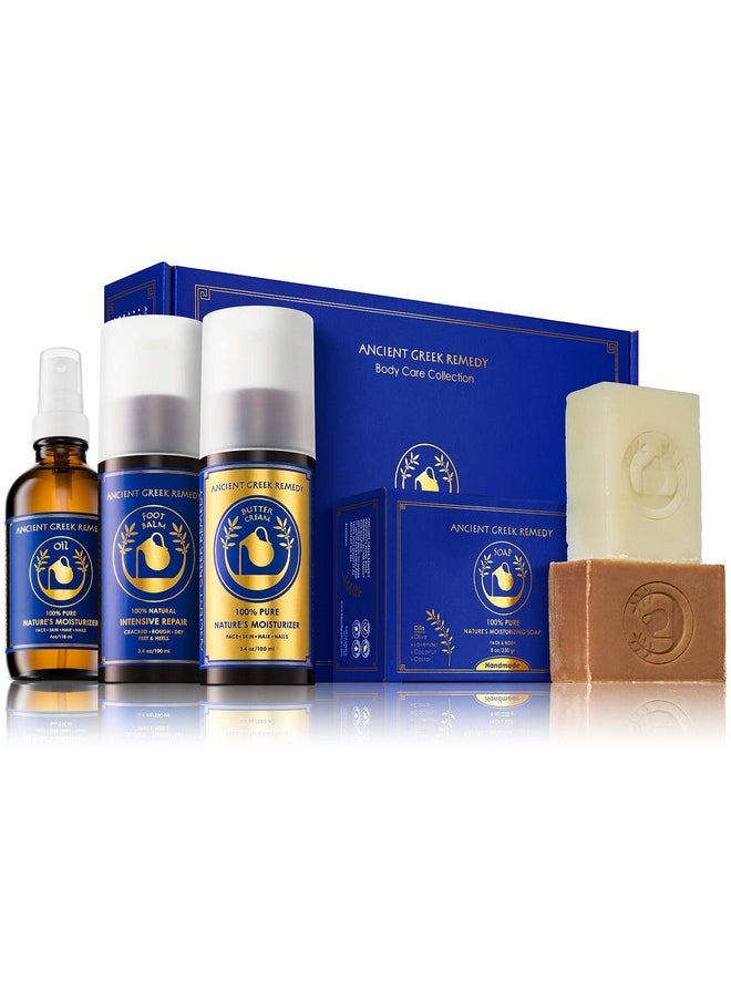Ancient Greek Remedy - Organic Skin Care Gift Set, Spa Gifts for Women and Men - Lavender Scented Bath and Body Gift Basket with Body oil, Facial Cream, Foot Lotion and 2 Soap Bars with Soap Holder - Image 1
