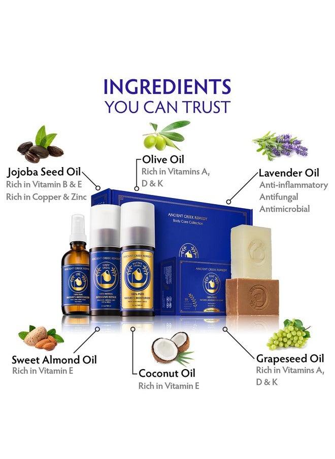 Ancient Greek Remedy - Organic Skin Care Gift Set, Spa Gifts for Women and Men - Lavender Scented Bath and Body Gift Basket with Body oil, Facial Cream, Foot Lotion and 2 Soap Bars with Soap Holder - Image 1