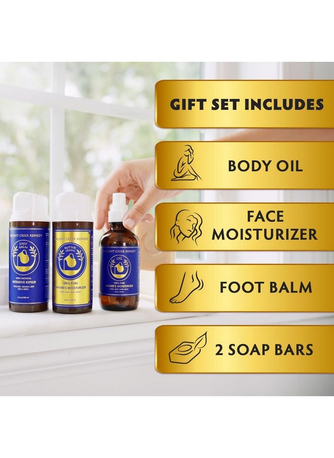 Ancient Greek Remedy - Organic Skin Care Gift Set, Spa Gifts for Women and Men - Lavender Scented Bath and Body Gift Basket with Body oil, Facial Cream, Foot Lotion and 2 Soap Bars with Soap Holder - Image 1