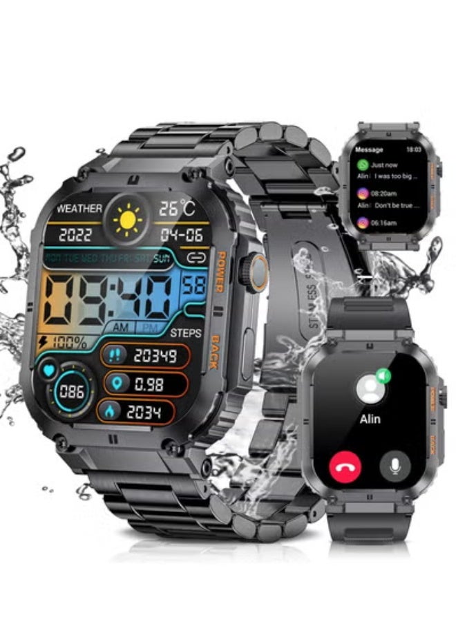 Smart Watch for Men(Answer/Dial Calls),1.96'' HD touch screen,100+ Sports Modes,400 mAh Smartwatch with Heart Rate/SpO2/Blood Pressure 5ATM Waterproof Fitness Watch for Android and iOS-Black - Image 1