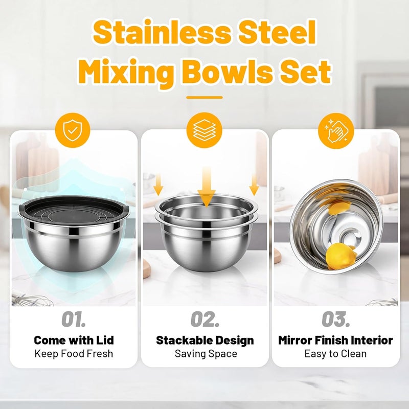 Beasea Mixing Bowls with Lids, 2 Pack 1.5 QT Small Stainless Steel Mixing Bowls with Airtight Lids, Nesting Metal Bowl Set for Kitchen, Baking, Prepping, Serving, Cooking - Image 3