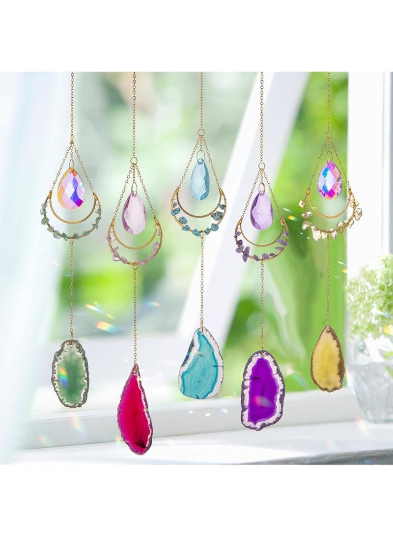 KASTWAVE Crystal Suncatchers, Sun Catchers with Agate Slices, 5 Pcs Hanging Crystals Suncatchers for Windows, Chandeliers Garden, Tree Decoration, for Ornament Housewarming Wedding Gift  - Image 1