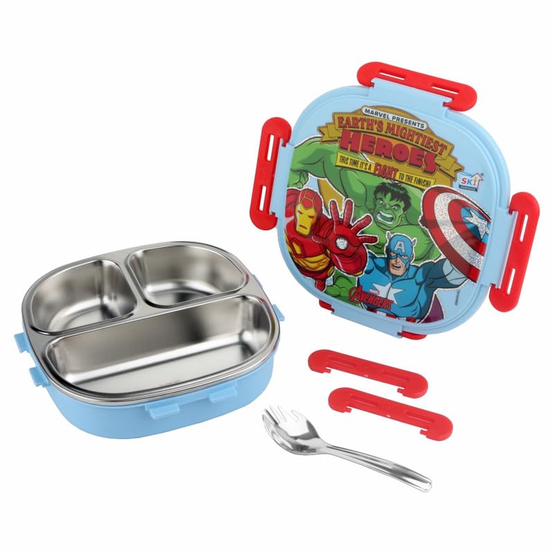 SKi Homeware SKI Baker Steel Lunch Box for Kids, 3 Compartment Insulated School Tiffin with Spoon, Leak-Proof, BPA Free, Bento Box for Boys & Girls, Birthday Gifts, Party Favours - Avengers - Image 2