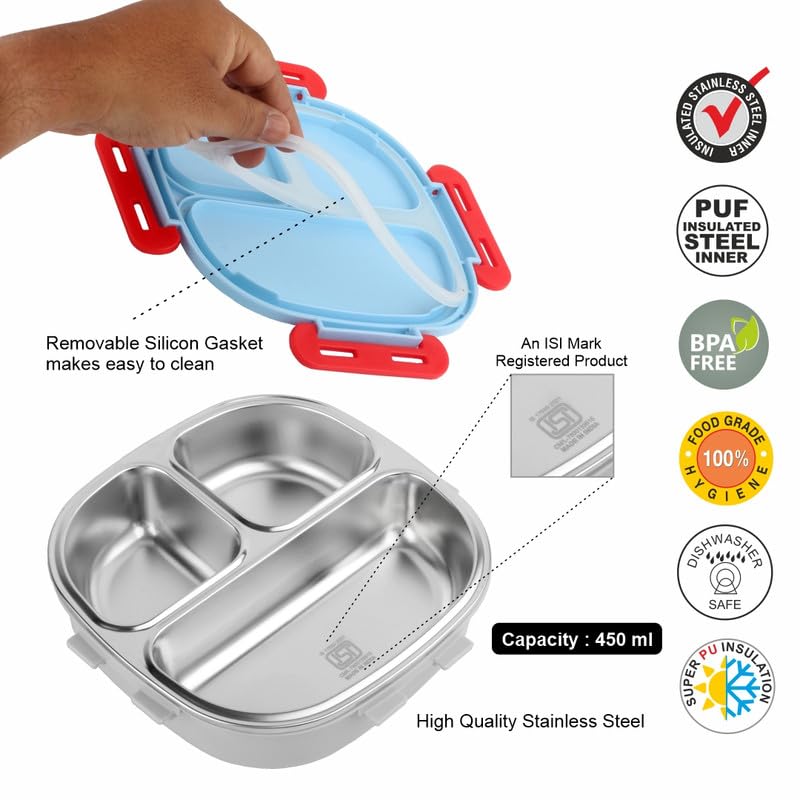 SKi Homeware SKI Baker Steel Lunch Box for Kids, 3 Compartment Insulated School Tiffin with Spoon, Leak-Proof, BPA Free, Bento Box for Boys & Girls, Birthday Gifts, Party Favours - Avengers - Image 4