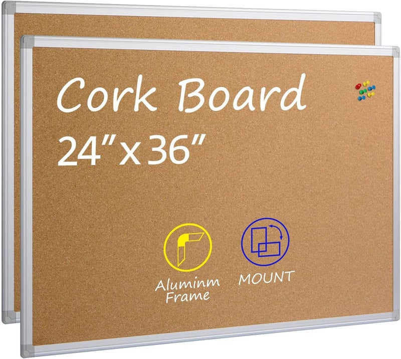 Board2by لوحة إعلانات من الفلين 2-pack 24 × 36، إطار ألمنيوم فضي 2x3، لوحة مكتبية للجدار من الفلين، لوحة إعلانات كبيرة مثبتة على الحائط - Image 1
