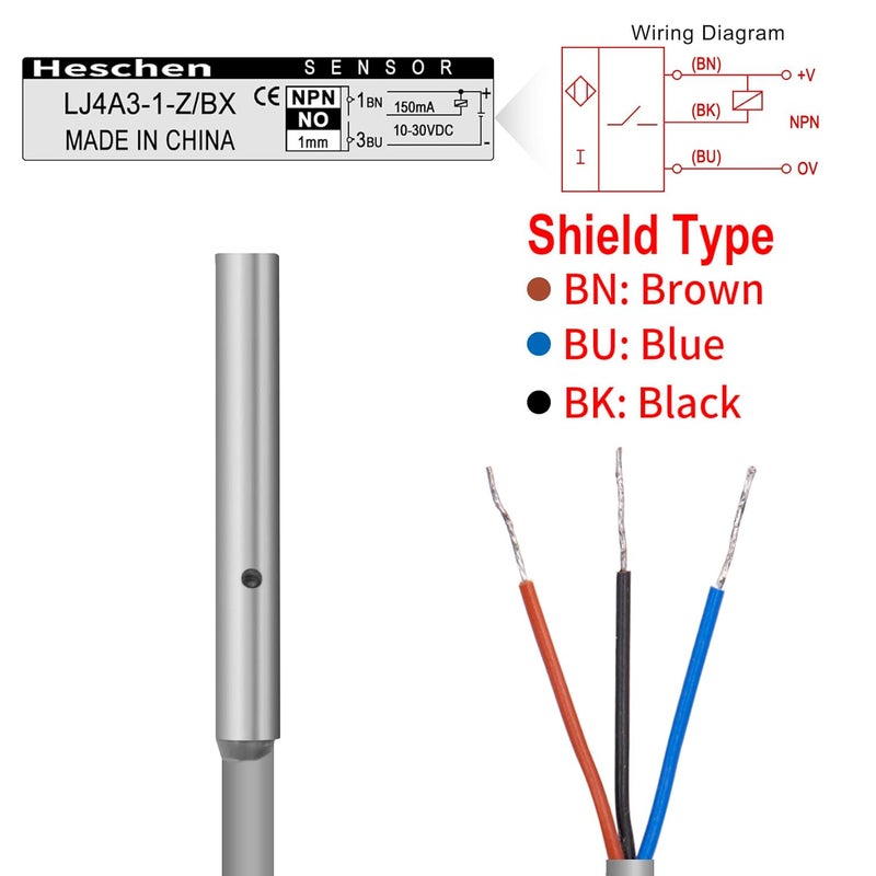 Heschen M4 Inductive Proximity Sensor Switch, Shield Type, LJ4A3-1-Z/BX, Detector 1mm, 10-30VDC 150mA, NPN Normal Open (NO), 3-Wire - Image 3