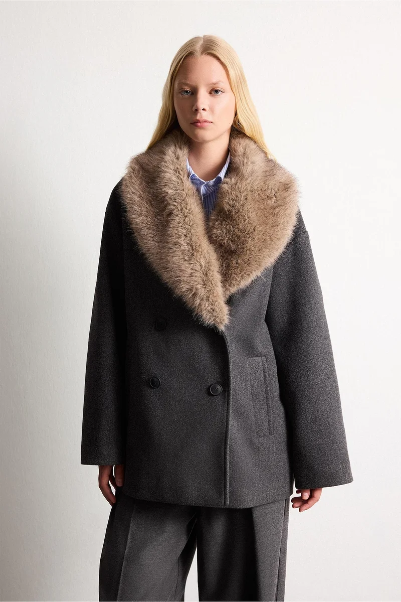 Regular Fit Fur Collar Cashmere Coat