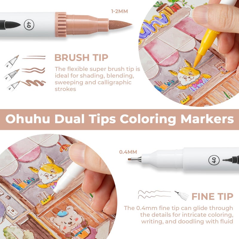Ohuhu Markers for Adult Coloring Books No Bleeding 120 Colors Coloring Markers Water-based Dual Tips Fineliner & Brush Drawing Pens Art Pens for Kids Adults Sketch Journal - Maui - White - Image 2