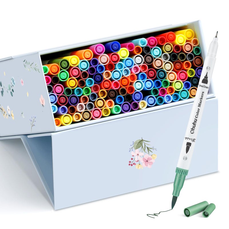 Ohuhu Markers for Adult Coloring Books No Bleeding 120 Colors Coloring Markers Water-based Dual Tips Fineliner & Brush Drawing Pens Art Pens for Kids Adults Sketch Journal - Maui - White - Image 1
