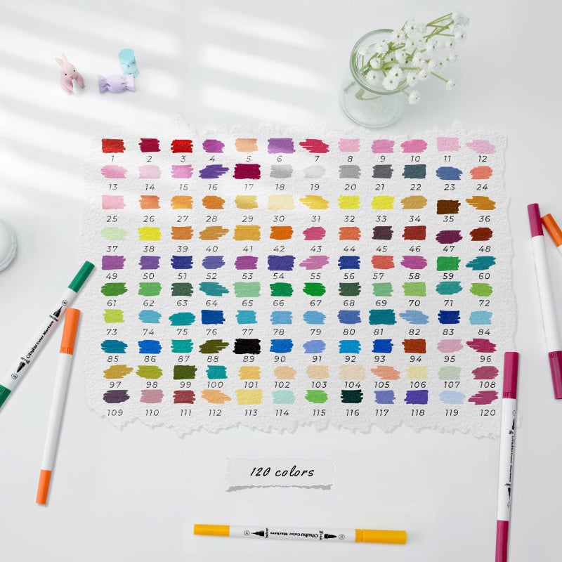 Ohuhu Markers for Adult Coloring Books No Bleeding 120 Colors Coloring Markers Water-based Dual Tips Fineliner & Brush Drawing Pens Art Pens for Kids Adults Sketch Journal - Maui - White - Image 3