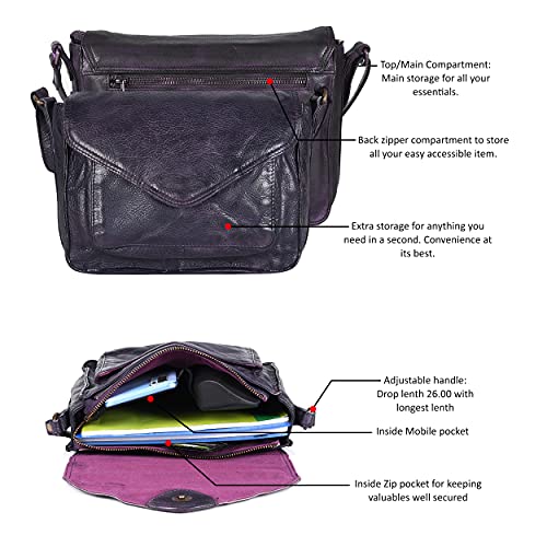 Ozora Leather Flapover Crossbody Handbag Purse for Women with Adjustable Strap & Overflap Snap Closure Tote/Bag (Purple Wash) - Image 3