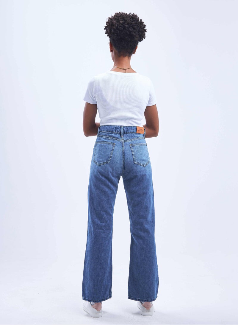 CIZARO High-Waist Medium Wash Degrade Ripped Straight Wide Leg Jeans. - Image 4