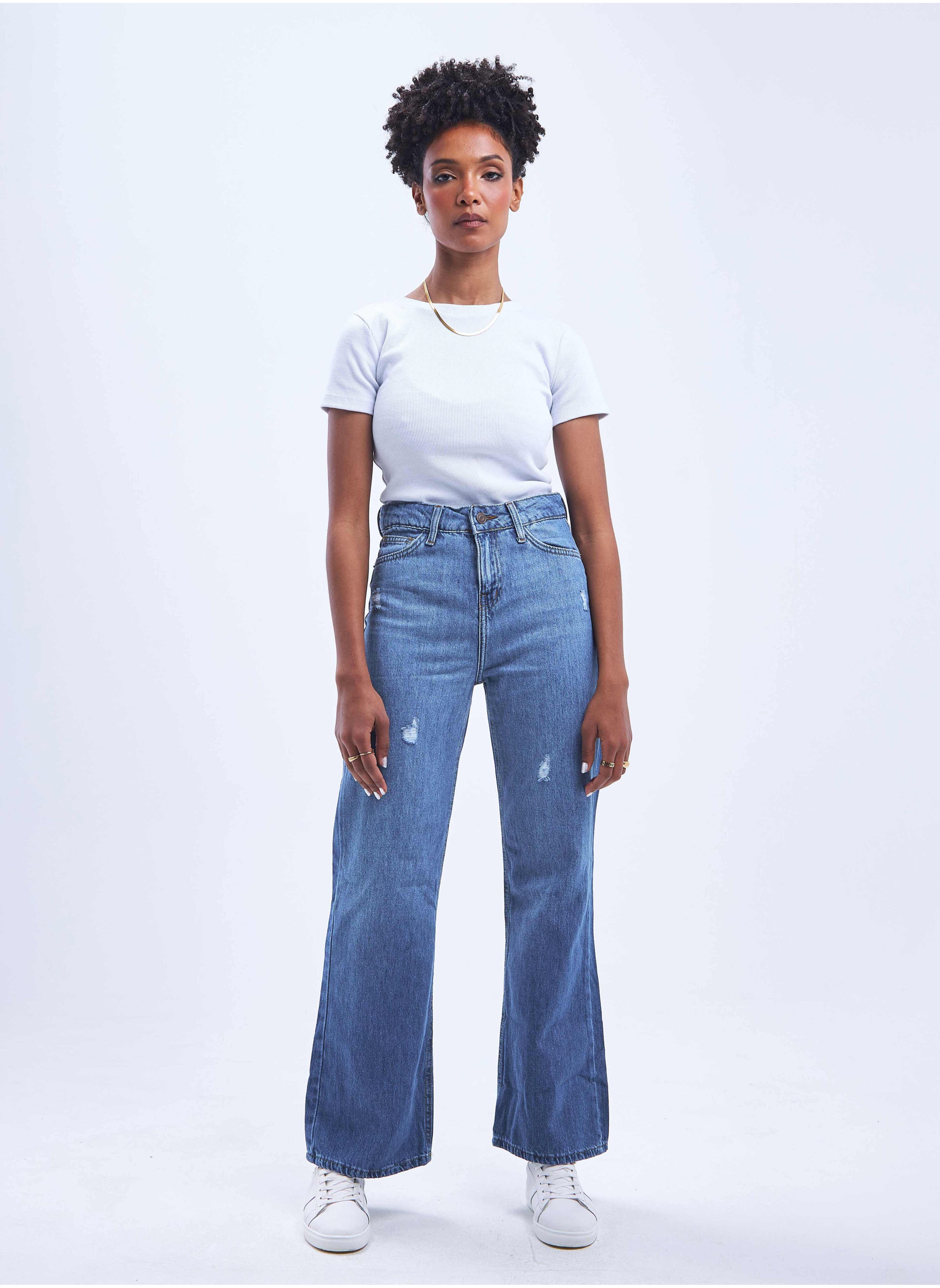 High-Waist Medium Wash Degrade Ripped Straight Wide Leg Jeans. 