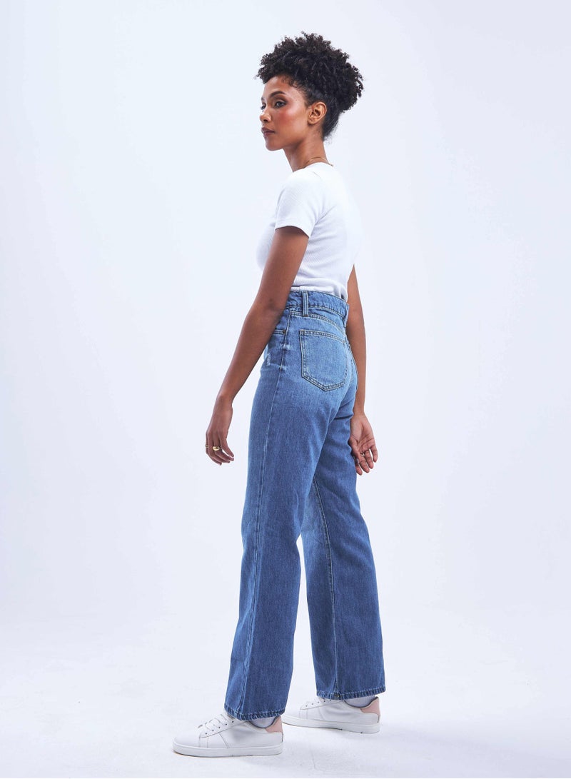 CIZARO High-Waist Medium Wash Degrade Ripped Straight Wide Leg Jeans. - Image 2