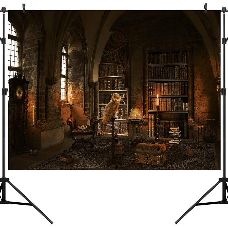 OUYIDA Halloween Backdrop for Photography Wizard Magic School Bookshelf Bookcase Candle Owl Ancient Library Background for Party Decoration Banner Supplies Photo Studio Booth Props 7X5FT CEM214B - Image 2