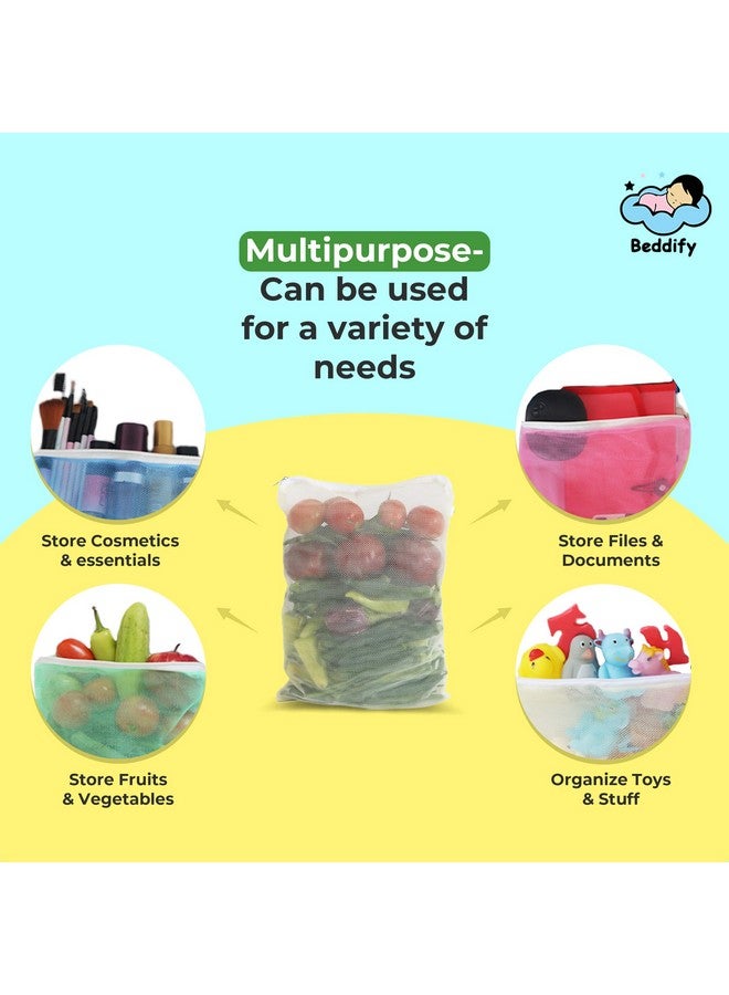 Beddify Set of 12 Reusable Fridge Storage Bags for Vegetables and Fruits with Zipper Dual Layer Mesh Net Multipurpose Multi-Size Kitchen Storage Bags Organizer (Multi-Color) - Image 4