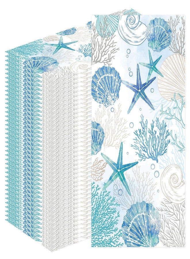 Rakuto Coastal Beach Disposable Paper Napkins, 100PCS Beach Nautical Theme Dinner Hand Napkin, Sea Blue Bathroom Disposable Hand Towels for Home Kitchen Bathroom Holiday - Image 1