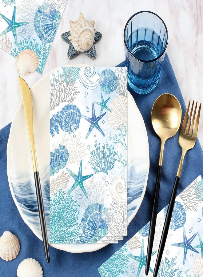 Rakuto Coastal Beach Disposable Paper Napkins, 100PCS Beach Nautical Theme Dinner Hand Napkin, Sea Blue Bathroom Disposable Hand Towels for Home Kitchen Bathroom Holiday - Image 4