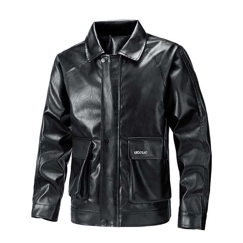 Plus Size Black Fashion Jacket Lapel Casual New Loose Men'S Motorcycle Leather Jacket Coat - Image 3