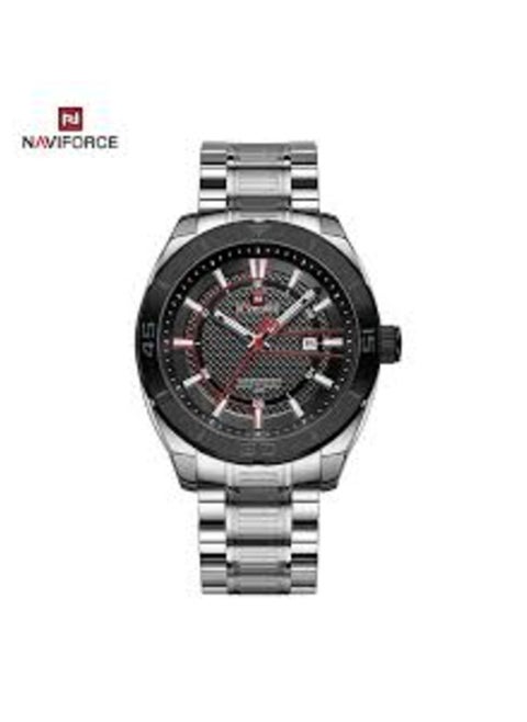 Mens Stainless Steel Analog Quartz Watch with Black Bezel and Textured Black Dial