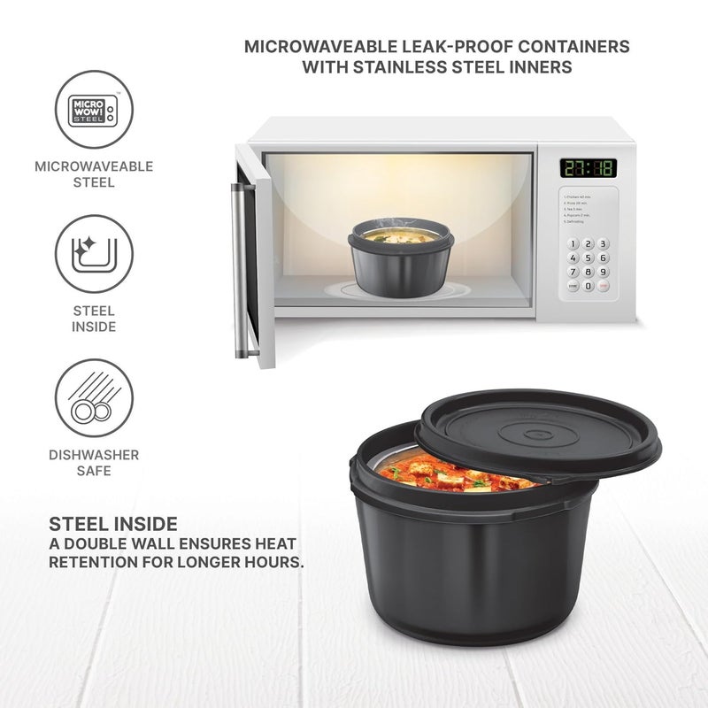 Milton MILTON Graze Big Lunch Box 2 Round Inner Steel Microwave Safe Containers 450 ml Each with Insulated Bag Odour Proof Tiffin for Office Men Women LeakProof Containers Easy to Carry Black - Image 4