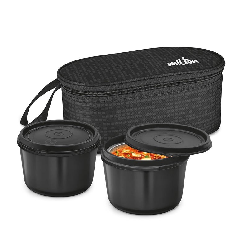 Milton MILTON Graze Big Lunch Box 2 Round Inner Steel Microwave Safe Containers 450 ml Each with Insulated Bag Odour Proof Tiffin for Office Men Women LeakProof Containers Easy to Carry Black - Image 1
