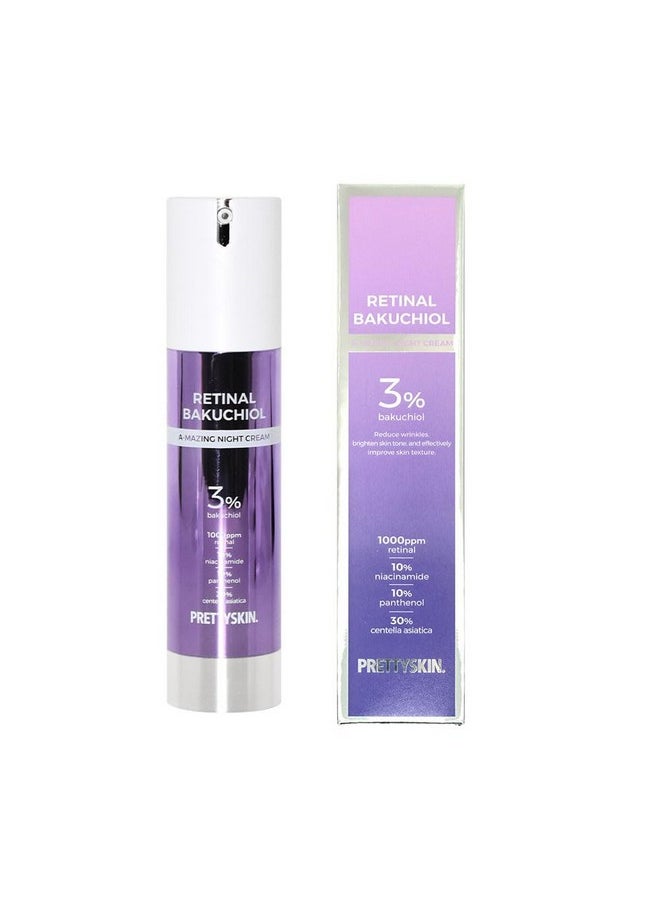 PRETTYSKIN - Retinal Bakuchiol At-Home Night Cream Moisturizer For Face | Helps To Reduce Wrinkles & Fine Lines, Elasticity, Tone-Up, Anti-Aging, Centella Asiatica Extract 30%, Retinal 1,000 Ppm (50G) - Image 1