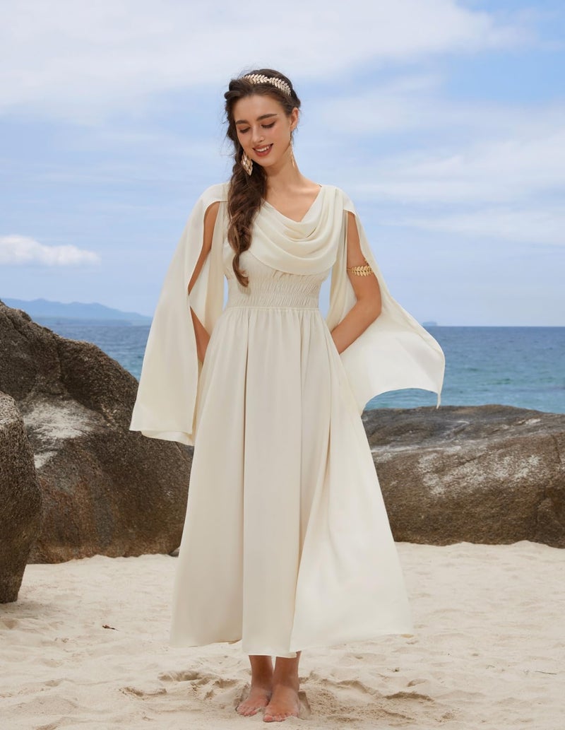 Scarlet Darkness Women Renaissance Faire Dress Elastic Waist Bell Sleeve Fairy Dress Medieval Dress Apricot S - Image 2