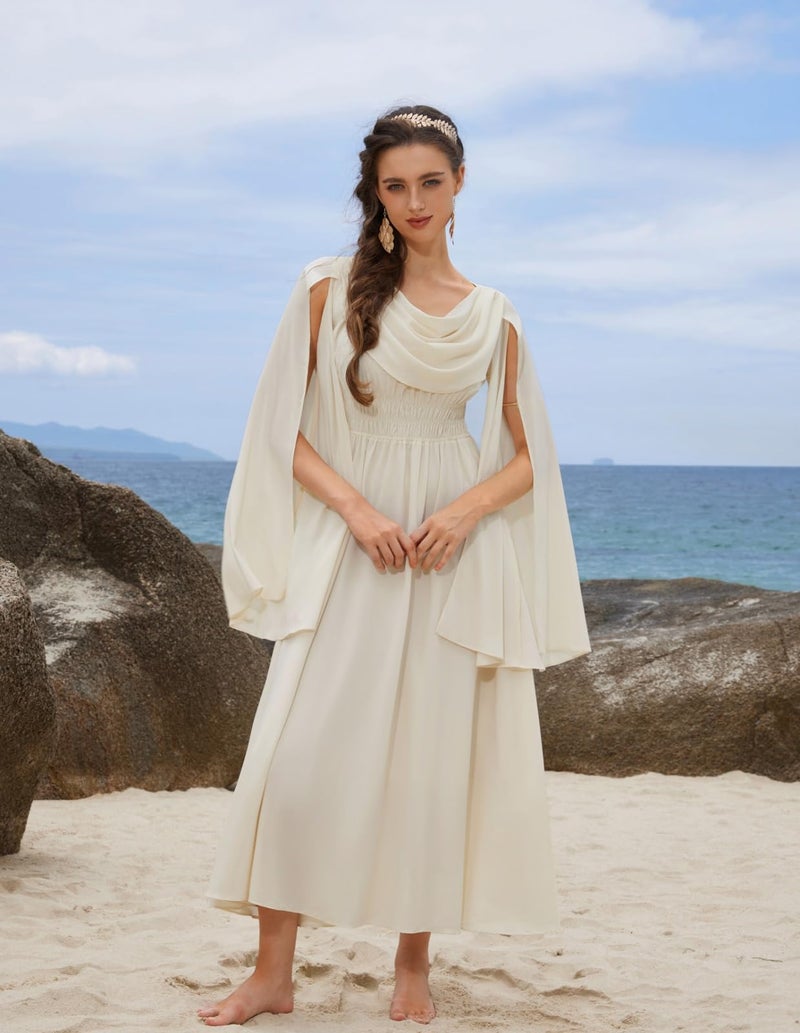 Scarlet Darkness Women Renaissance Faire Dress Elastic Waist Bell Sleeve Fairy Dress Medieval Dress Apricot S - Image 3