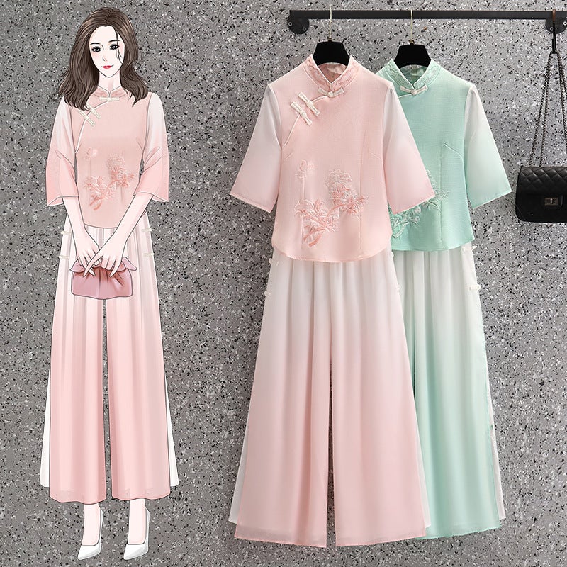 Vintage Chinese Top Set Large Size Chinese Style Seven-Point Sleeve Cheongsam Peony Embroidered Gradient Pants Two-Piece Set - Image 2