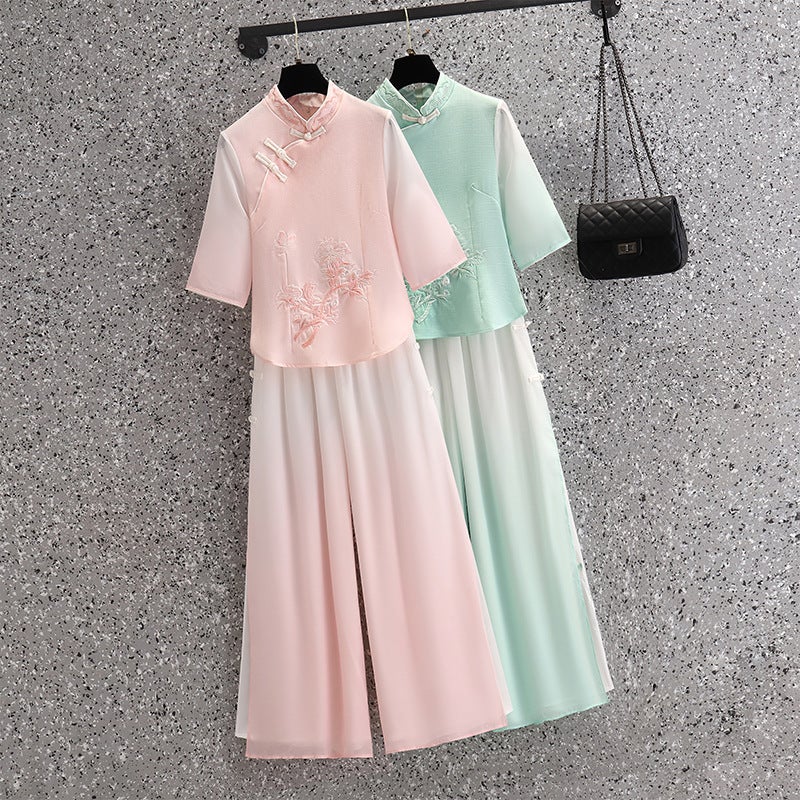 Vintage Chinese Top Set Large Size Chinese Style Seven-Point Sleeve Cheongsam Peony Embroidered Gradient Pants Two-Piece Set - Image 3
