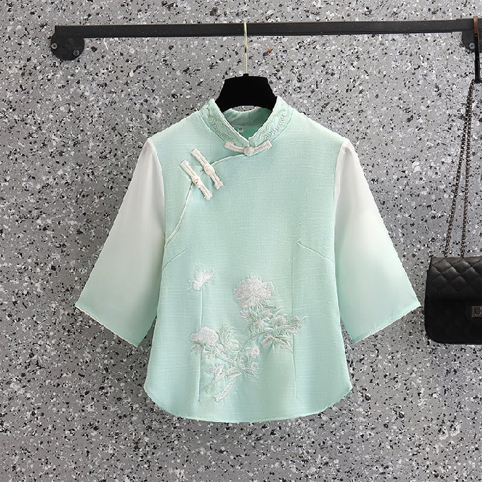 Vintage Chinese Top Set Large Size Chinese Style Seven-Point Sleeve Cheongsam Peony Embroidered Gradient Pants Two-Piece Set - Image 1