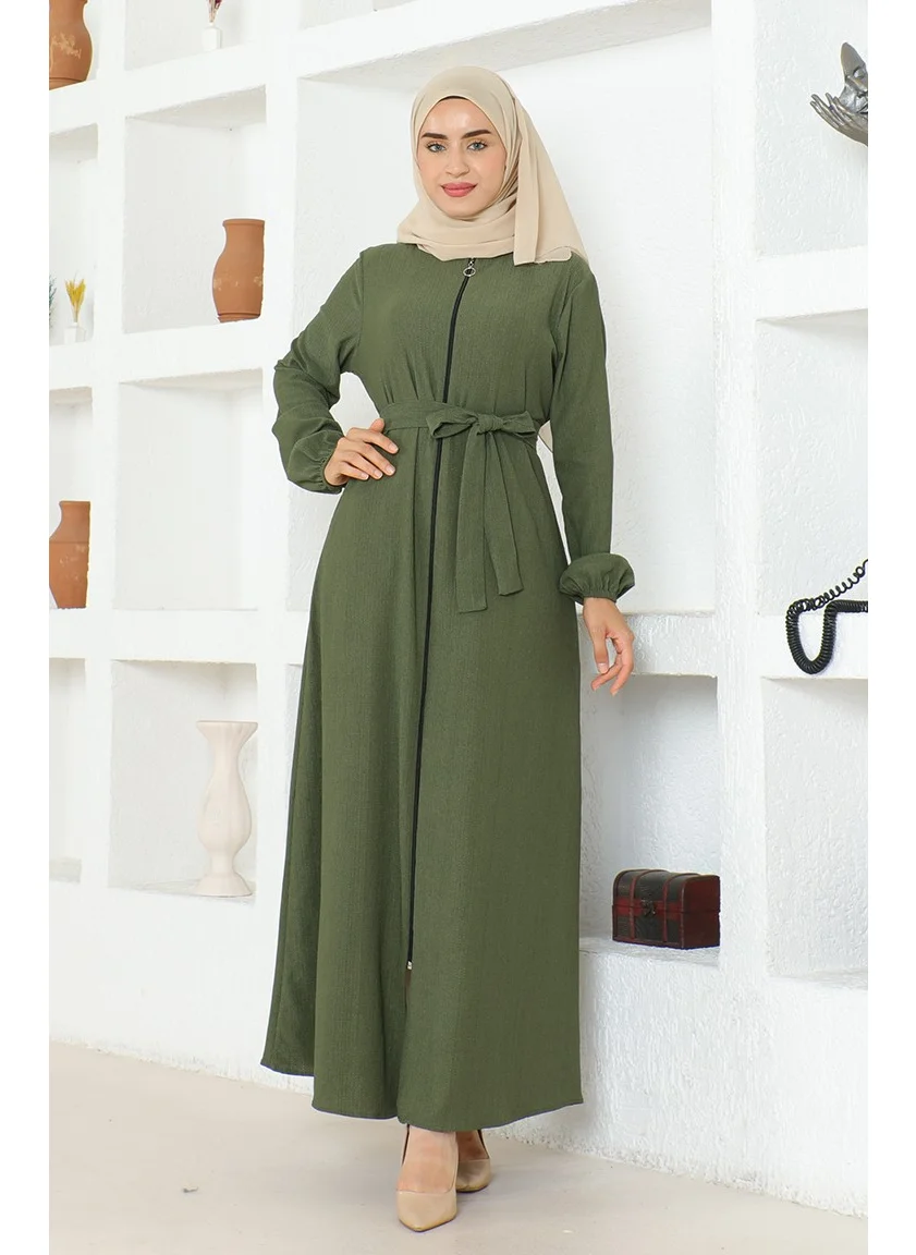 Sefa Merve Bürümcük Fabric Belted Abaya 1019-04 Khaki