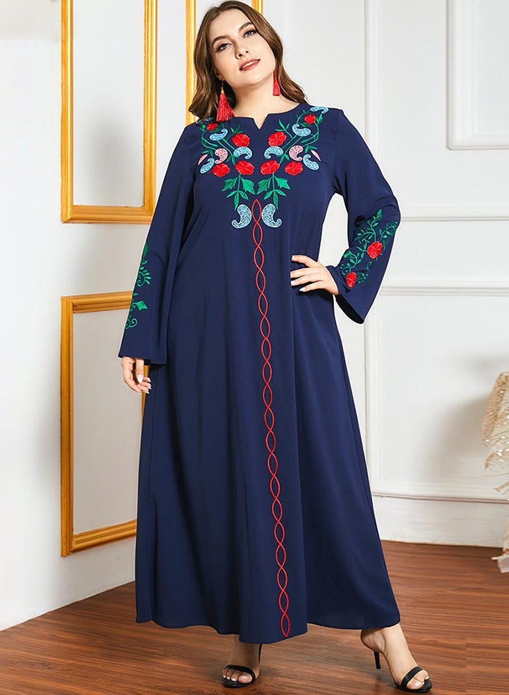 FridayIn Celebrity style Ethnic style V-neck Solid color Color contrast Embroidery Flared sleeve Plus Size Dresses Black - Image 1