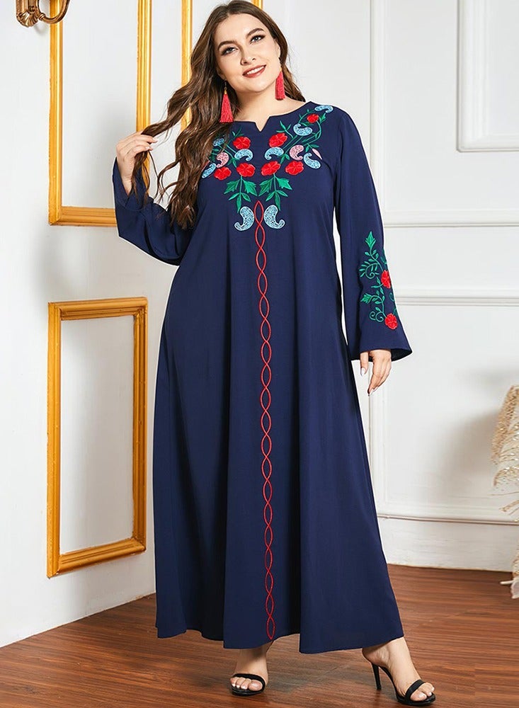 FridayIn Celebrity style Ethnic style V-neck Solid color Color contrast Embroidery Flared sleeve Plus Size Dresses Black - Image 2