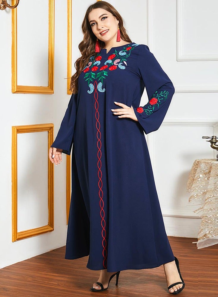 FridayIn Celebrity style Ethnic style V-neck Solid color Color contrast Embroidery Flared sleeve Plus Size Dresses Black - Image 3