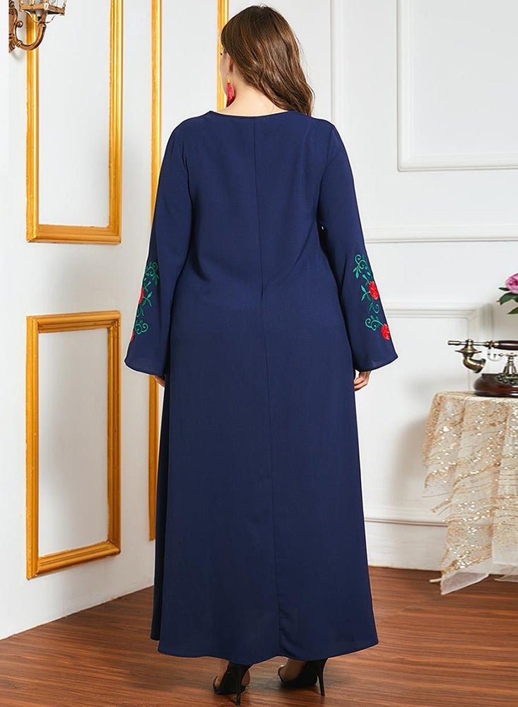 FridayIn Celebrity style Ethnic style V-neck Solid color Color contrast Embroidery Flared sleeve Plus Size Dresses Black - Image 4