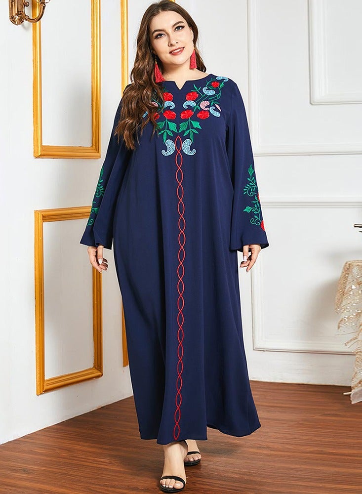 FridayIn Celebrity style Ethnic style V-neck Solid color Color contrast Embroidery Flared sleeve Plus Size Dresses Black - Image 5