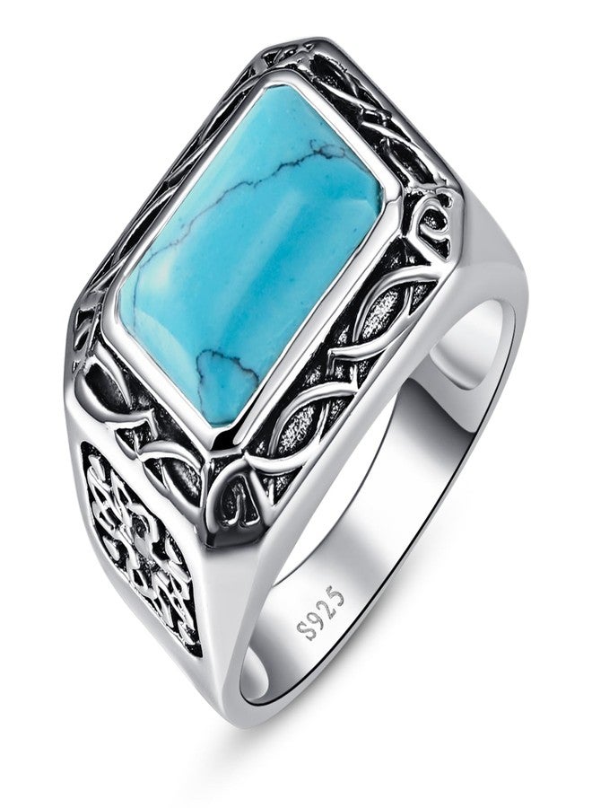 Yaresul 5CT 8X12mm Radiant Cut Teal Turquoise Ring/Created Mens Black Onyx 925 Sterling Silver Mens Ring Cocktail Rings Celtic Pattern Pinky Ring Band for Dad Father Size 7-12, 10, Silver, Turquoise - Image 1