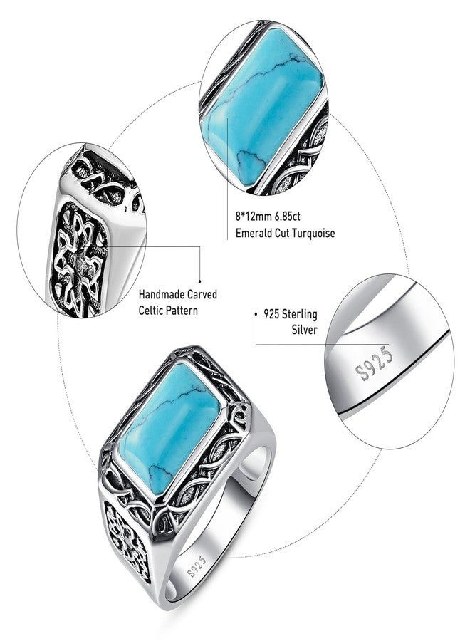 Yaresul 5CT 8X12mm Radiant Cut Teal Turquoise Ring/Created Mens Black Onyx 925 Sterling Silver Mens Ring Cocktail Rings Celtic Pattern Pinky Ring Band for Dad Father Size 7-12, 10, Silver, Turquoise - Image 3