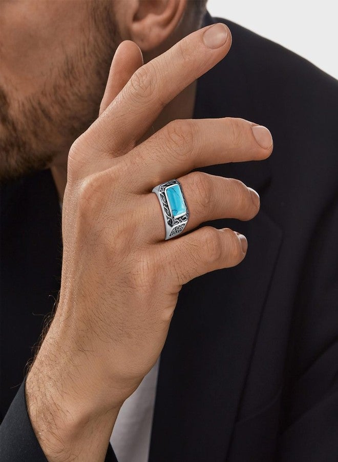 Yaresul 5CT 8X12mm Radiant Cut Teal Turquoise Ring/Created Mens Black Onyx 925 Sterling Silver Mens Ring Cocktail Rings Celtic Pattern Pinky Ring Band for Dad Father Size 7-12, 10, Silver, Turquoise - Image 5