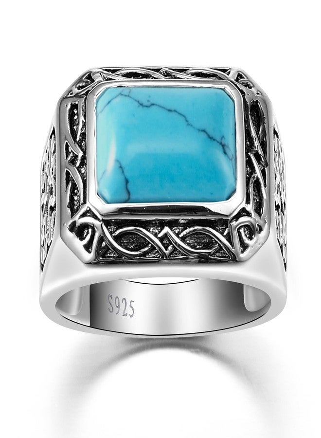 Yaresul 5CT 8X12mm Radiant Cut Teal Turquoise Ring/Created Mens Black Onyx 925 Sterling Silver Mens Ring Cocktail Rings Celtic Pattern Pinky Ring Band for Dad Father Size 7-12, 10, Silver, Turquoise - Image 2
