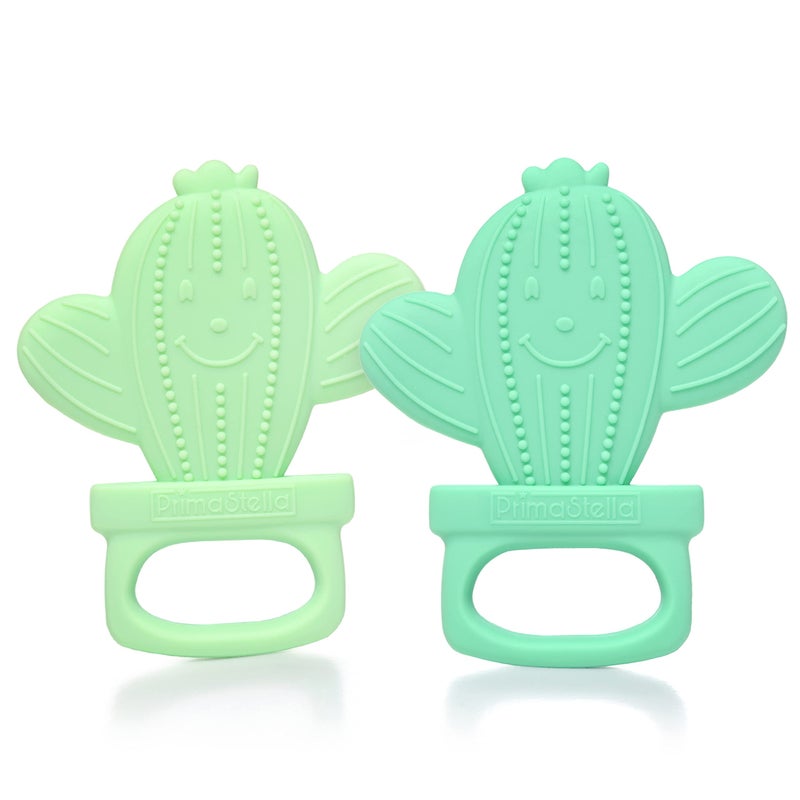 PrimaStella Silicone Cactus Teethers for Infants Babies and Toddlers Safety Tested BPA Free Cute Soothing Easy to Hold Baby Teether Toy Set of 2 Green Neo Mint