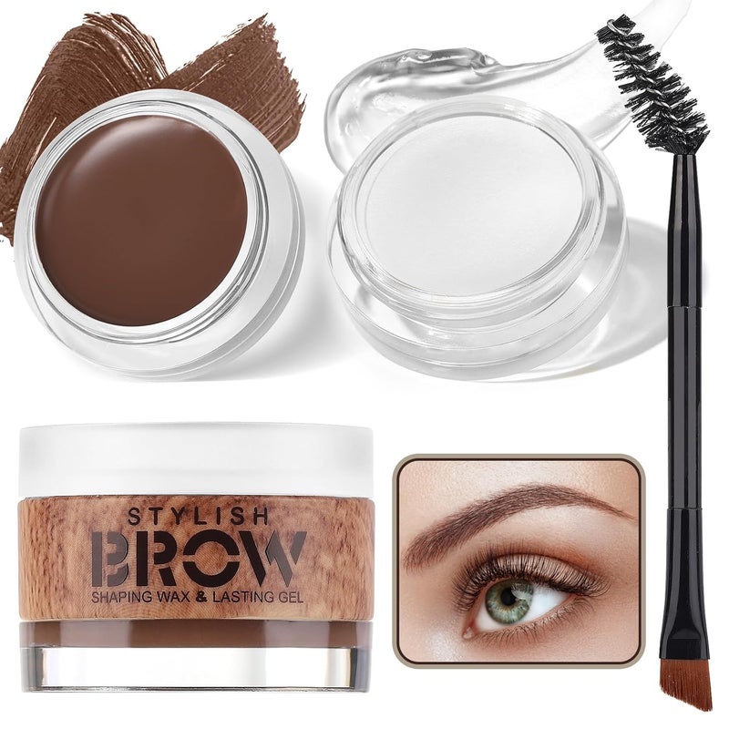Eyebrow Makeup Kit 2 in 1 Brow Gel with Styling Wax  Dual Ended Brush Waterproof Light Brown Pomade for Sculpts and Fill Brows Clear Brow Shaping Gel for Fluffy Feathered Brow Look