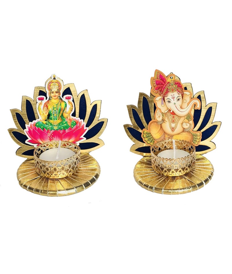AROOMAN Arooman Handmade Lotus Laxmi and Ganesh Tealight Candle Holder for Diwali Decoration Festive Tabletop Dcor and Home Decoration Color Blue Pack02  - Image 2